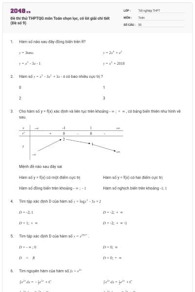Đề thi thử THPTQG môn Toán chọn lọc, có lời giải chi tiết (Đề số 9)