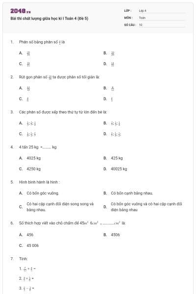 Bài thi chất lượng giữa học kì I Toán 4 (Đề 5)
