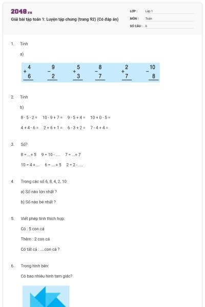 Giải bài tập toán 1: Luyện tập chung (trang 92) (Có đáp án)