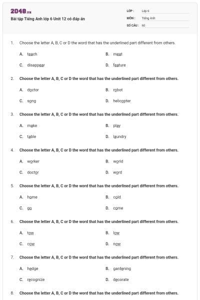 Bài tập Tiếng Anh lớp 6 Unit 12 có đáp án