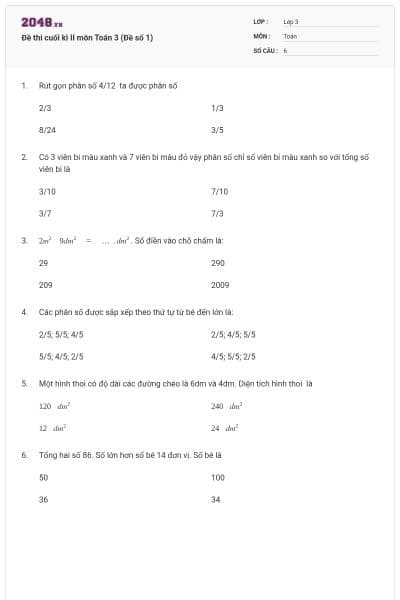 Đề thi cuối kì II môn Toán 3 (Đề số 1)