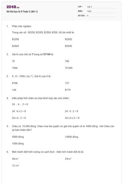 Đề thi học kì II Toán 3 (Đề 1)