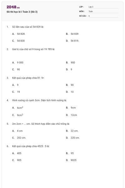 Đề thi học kì I Toán 3 (Đề 3)