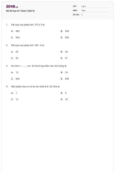Đề thi học kì I Toán 3 (Đề 4)