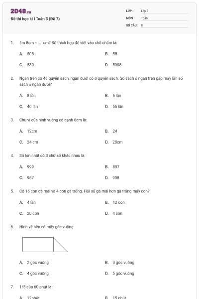 Đề thi học kì I Toán 3 (Đề 7)