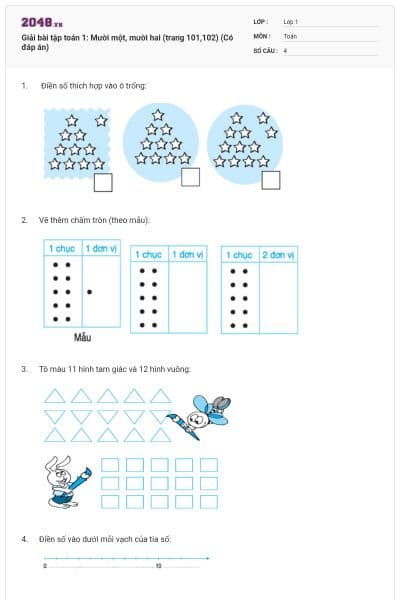 Giải bài tập toán 1: Mười một, mười hai (trang 101,102) (Có đáp án)