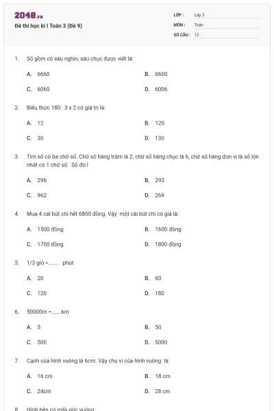 Đề thi học kì I Toán 3 (Đề 9)