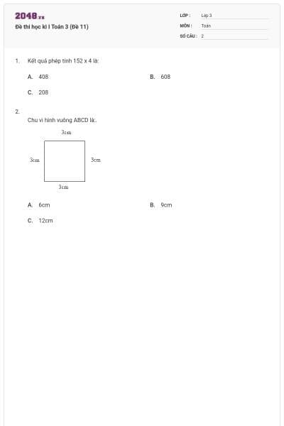 Đề thi học kì I Toán 3 (Đề 11)