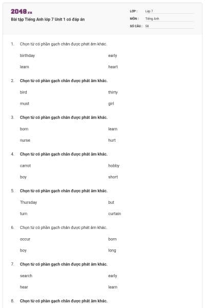 Bài tập Tiếng Anh lớp 7 Unit 1 có đáp án