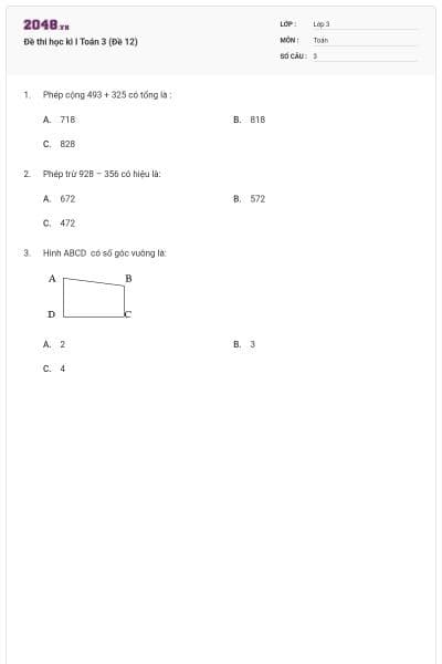 Đề thi học kì I Toán 3 (Đề 12)