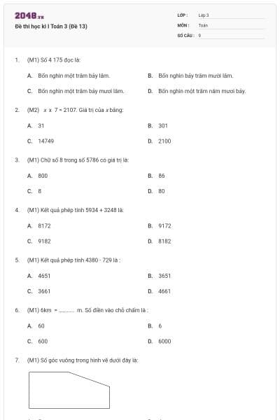 Đề thi học kì I Toán 3 (Đề 13)