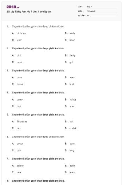 Bài tập Tiếng Anh lớp 7 Unit 1 có đáp án