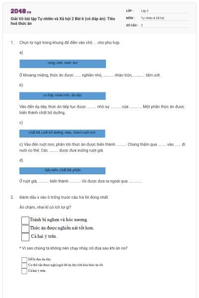 Giải Vở bài tập Tự nhiên và Xã hội 2 Bài 6 (có đáp án): Tiêu hoá thức ăn