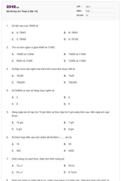 Đề thi học kì I Toán 3 (Đề 14)