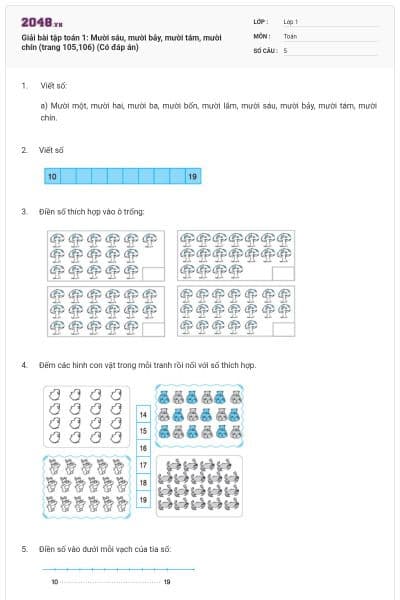 Giải bài tập toán 1: Mười sáu, mười bảy, mười tám, mười chín (trang 105,106) (Có đáp án)