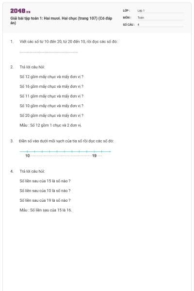 Giải bài tập toán 1: Hai mươi. Hai chục (trang 107) (Có đáp án)