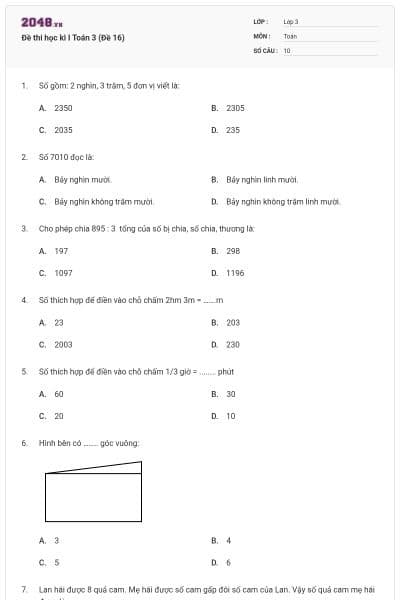 Đề thi học kì I Toán 3 (Đề 16)