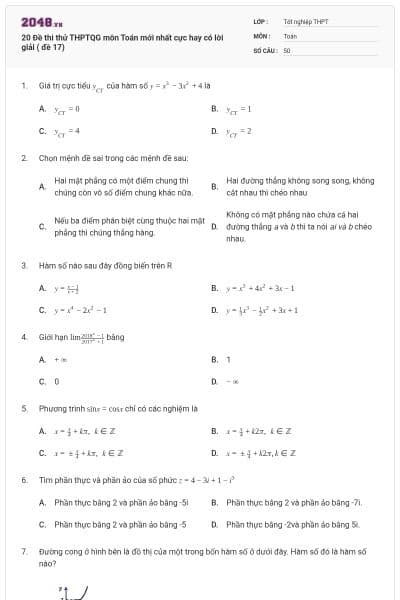 20 Đề thi thử THPTQG môn Toán mới nhất cực hay có lời giải ( đề 17)