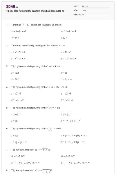 40 câu Trắc nghiệm Dấu của tam thức bậc hai có đáp án