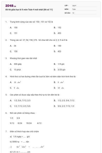 Đề thi giữa học kì II môn Toán 4 mới nhất (Đề số 11)