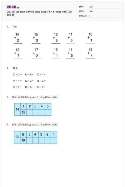 Giải bài tập toán 1: Phép cộng dạng 14 + 3 (trang 108) (Có đáp án)