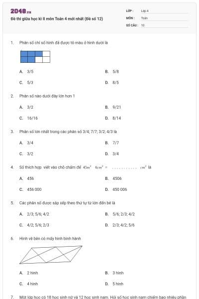 Đề thi giữa học kì II môn Toán 4 mới nhất (Đề số 12)