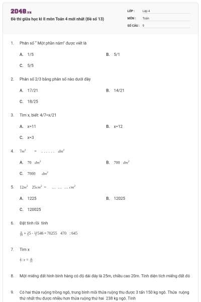 Đề thi giữa học kì II môn Toán 4 mới nhất (Đề số 13)