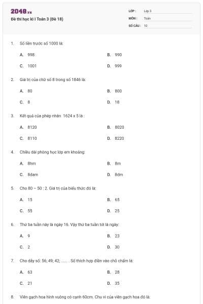 Đề thi học kì I Toán 3 (Đề 18)