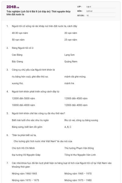 Trắc nghiệm Lịch Sử 6 Bài 8 (có đáp án): Thời nguyên thủy trên đất nước ta