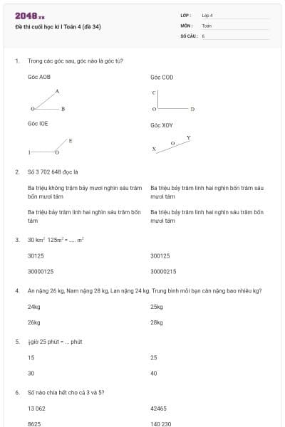 Đề thi cuối học kì I Toán 4 (đề 34)