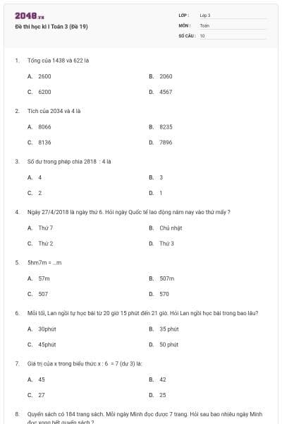 Đề thi học kì I Toán 3 (Đề 19)