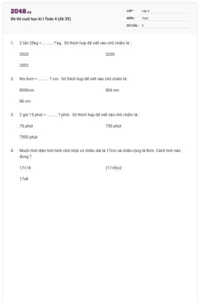 Đề thi cuối học kì I Toán 4 (đề 35)