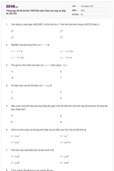 Tổng hợp 20 đề thi thử THPTQG môn Toán cực hay có đáp án (đề 20)