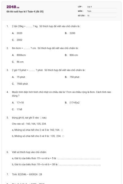 Đề thi cuối học kì I Toán 4 (đề 35)