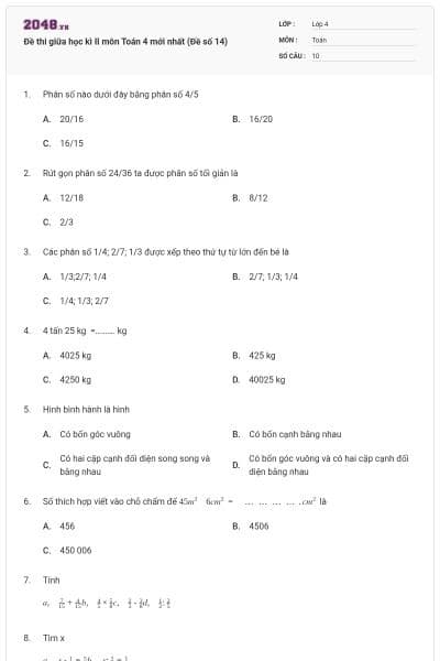 Đề thi giữa học kì II môn Toán 4 mới nhất (Đề số 14)