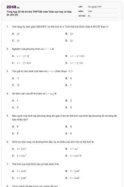 Tổng hợp 20 đề thi thử THPTQG môn Toán cực hay có đáp án (đề 20)