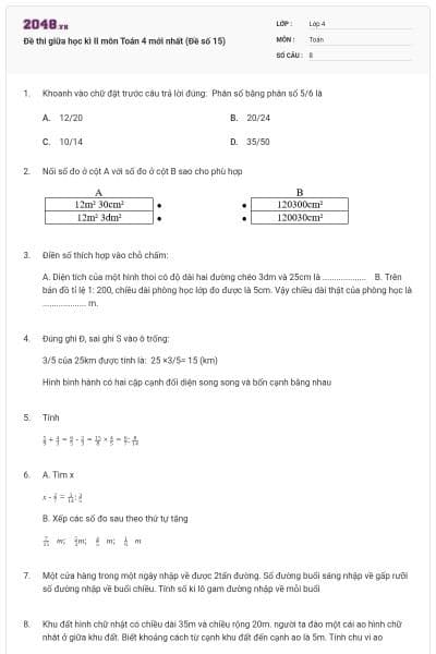 Đề thi giữa học kì II môn Toán 4 mới nhất (Đề số 15)