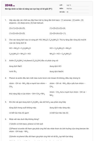 Bài tập Amin cơ bản và nâng cao cực hay có lời giải (P1)