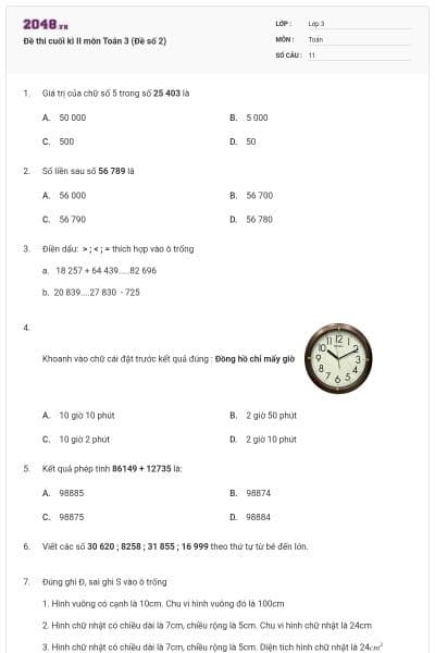 Đề thi cuối kì II môn Toán 3 (Đề số 2)