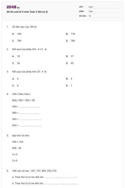 Đề thi cuối kì II môn Toán 3 (Đề số 4)