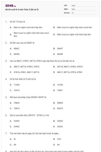 Đề thi cuối kì II môn Toán 3 (Đề số 5)