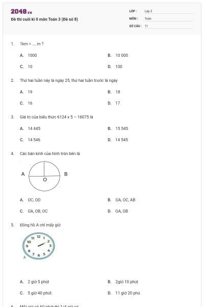 Đề thi cuối kì II môn Toán 3 (Đề số 8)