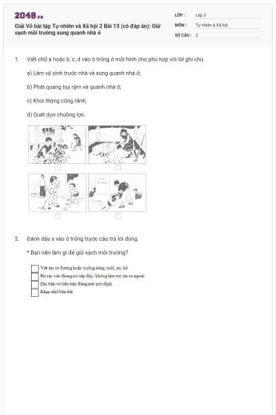 Giải Vở bài tập Tự nhiên và Xã hội 2 Bài 13 (có đáp án): Giữ sạch môi trường xung quanh nhà ở