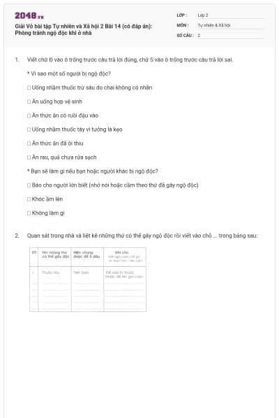 Giải Vở bài tập Tự nhiên và Xã hội 2 Bài 14 (có đáp án): Phòng tránh ngộ độc khi ở nhà