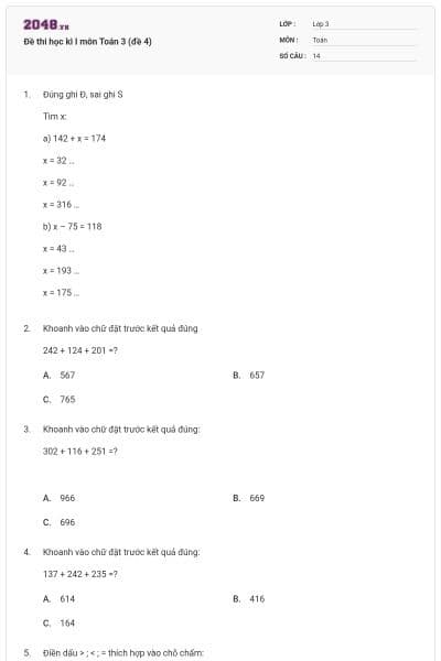 Đề thi học kì I môn Toán 3 (đề 4)