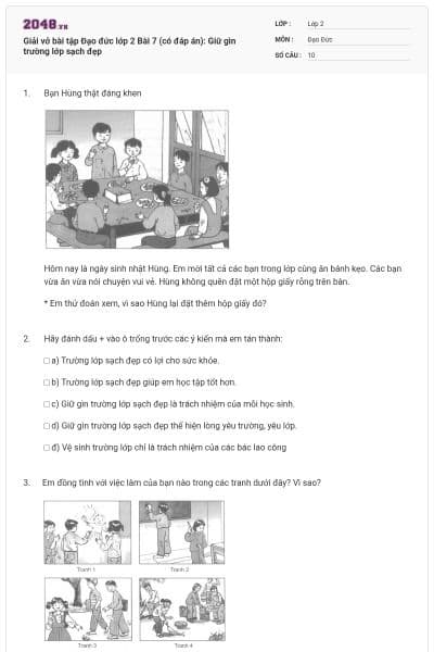 Giải vở bài tập Đạo đức lớp 2 Bài 7 (có đáp án): Giữ gìn trường lớp sạch đẹp