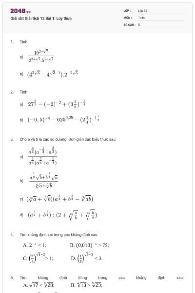 Giải sbt Giải tích 12 Bài 1: Lũy thừa