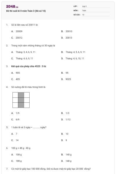 Đề thi cuối kì II môn Toán 3 (Đề số 10)