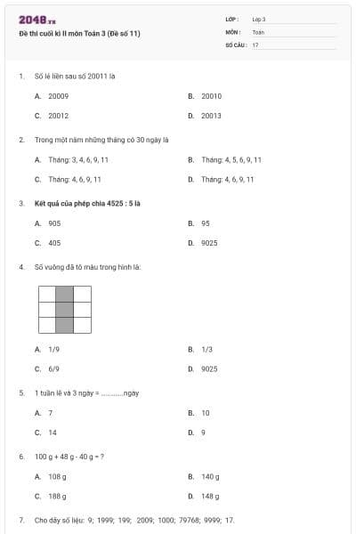 Đề thi cuối kì II môn Toán 3 (Đề số 11)