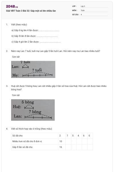 Giải VBT Toán 3 Bài 32: Gấp một số lên nhiều lần
